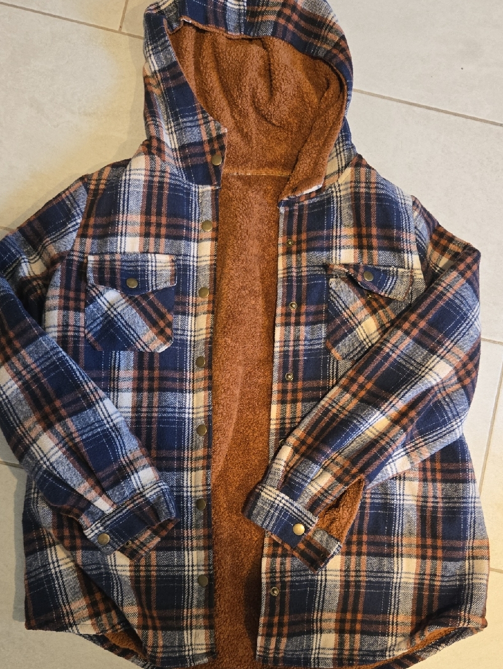 Plaid Hooded Sherpa-Lined Shacket in Navy and Rust MEDIUM